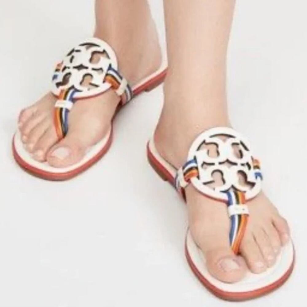 Tory Burch Miller Slide Sandals Rainbow Logo Leather Ivory Size 6